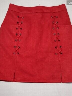 Red Lace-Up Faux Suede Mini Skirt Size Small Y2K